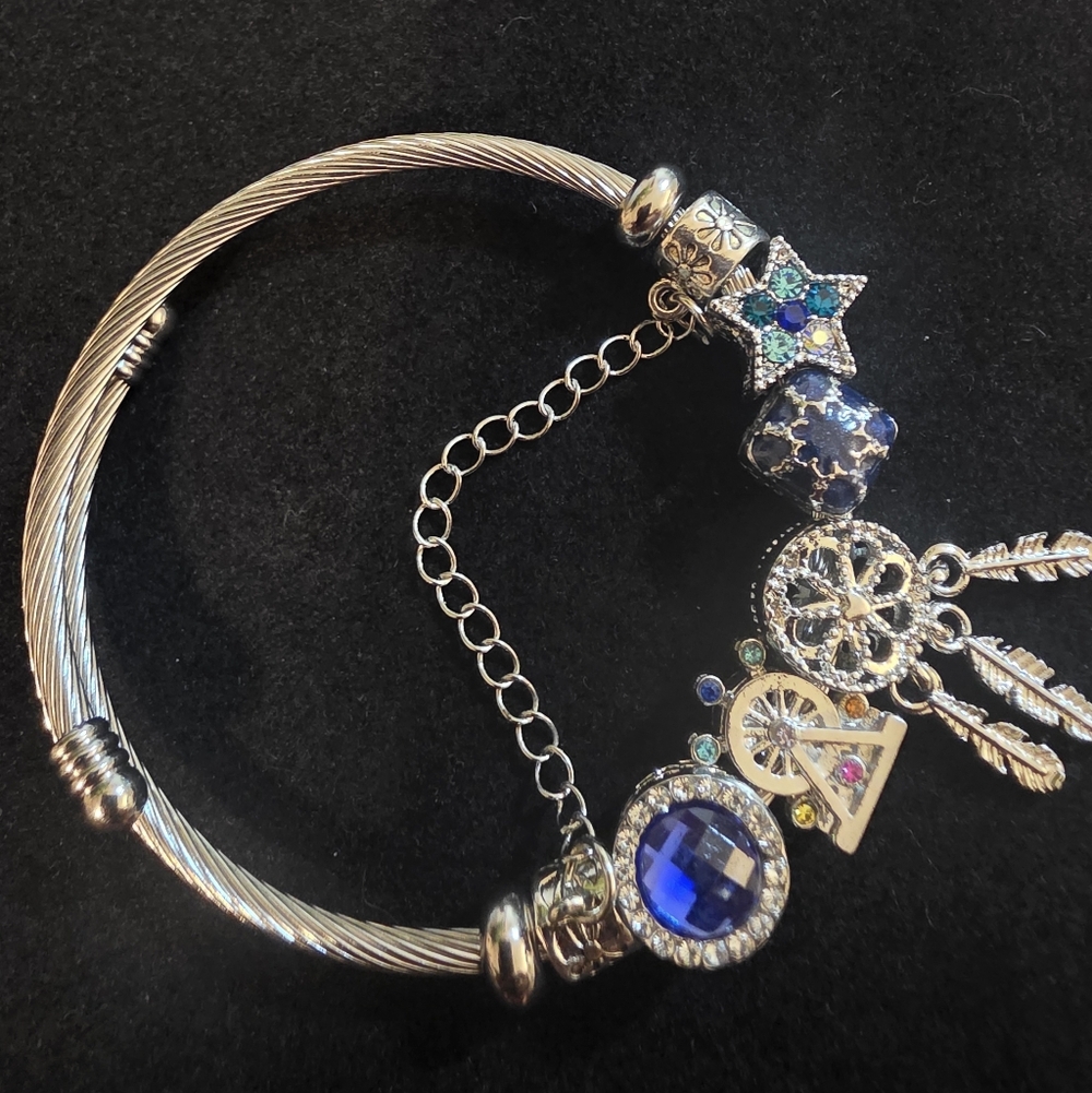 DREAM CATCHER Silver Charm Bracelet with  ROYAL Blue Accents.